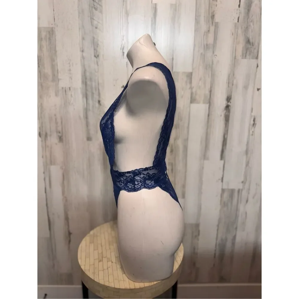 Avidlove Blue Lace Teddy Bodysuit Sheer Deep V Lingerie Open Back Size M